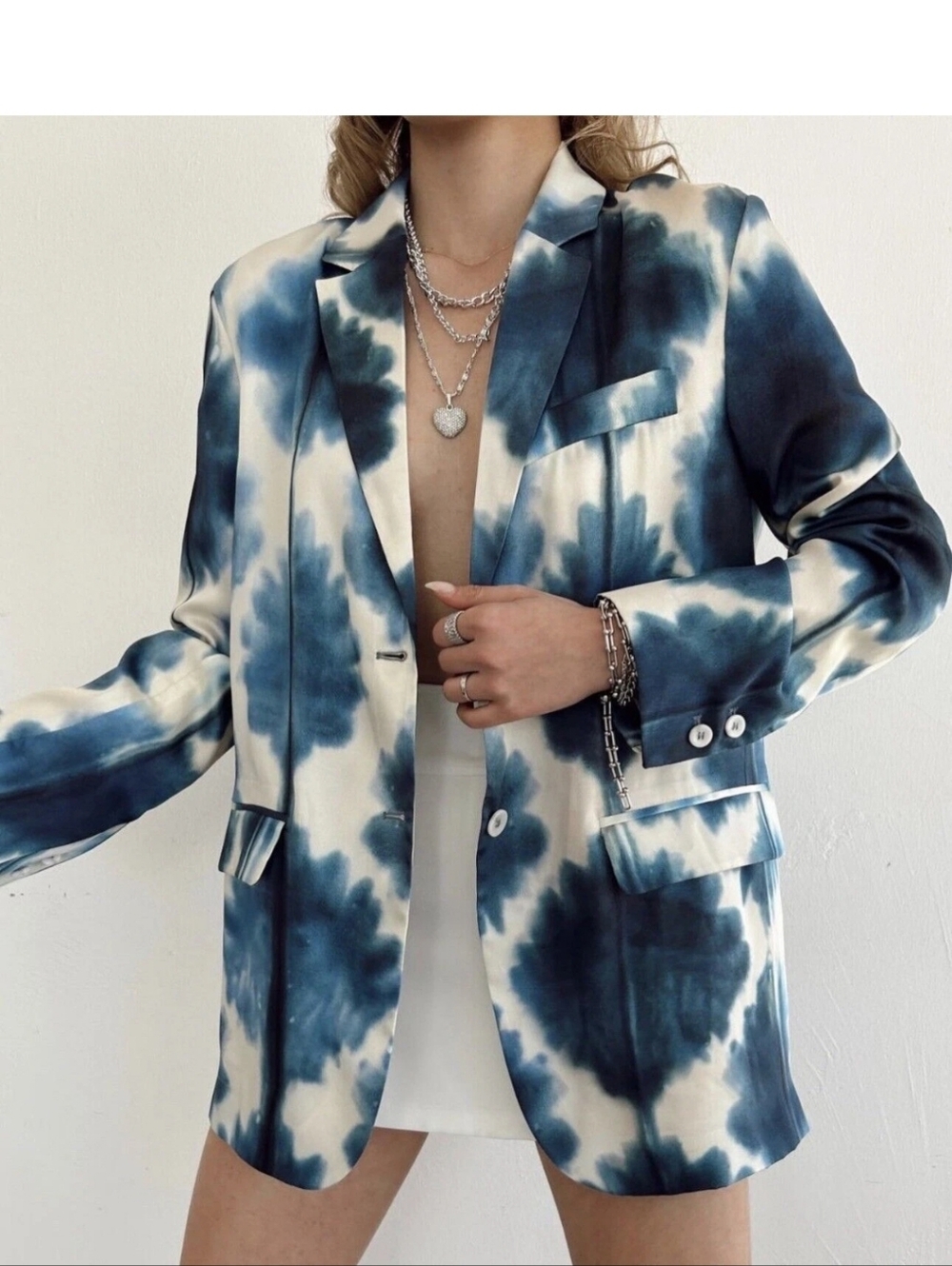 Zara Blue and White Tie-Dye Blazer